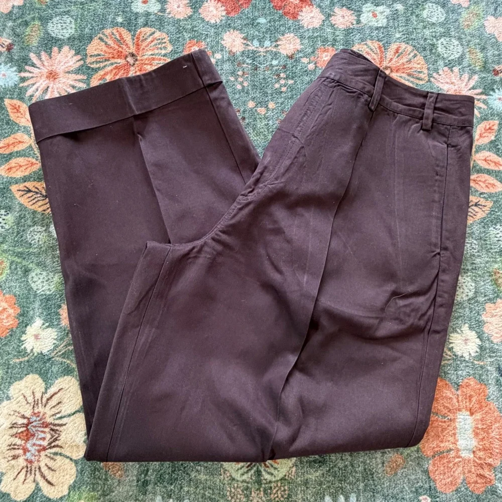 Free People Plum Brown Pleated Wide Leg Cotton Trousers Cuffed Size 12 OB1703806